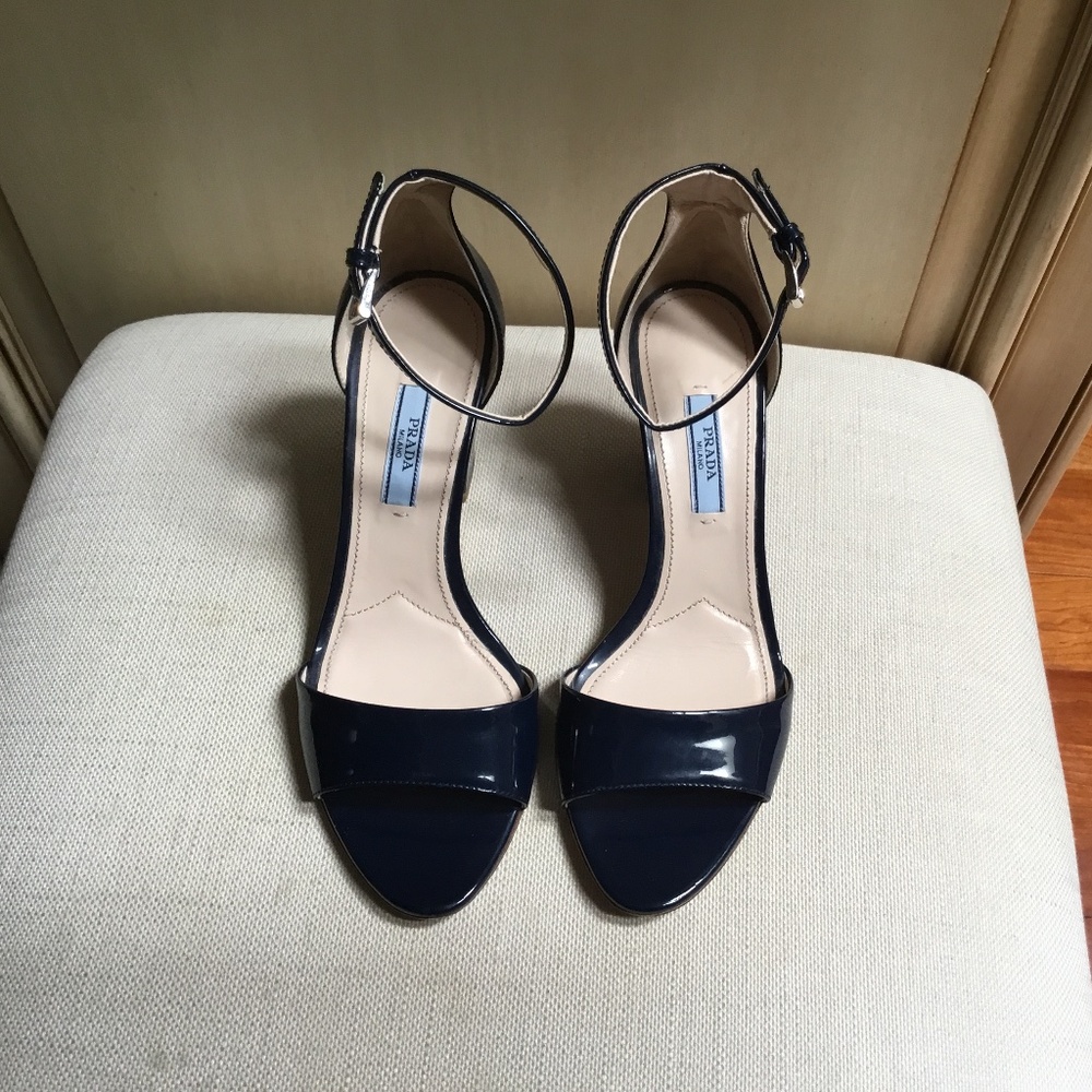 Prada Navy Blue Patent Leather Ankle Strap Heels